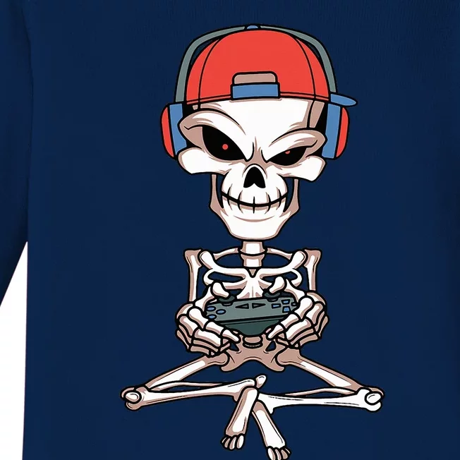 Funny Skeleton Skull Video Gamer Halloween Baby Long Sleeve Bodysuit