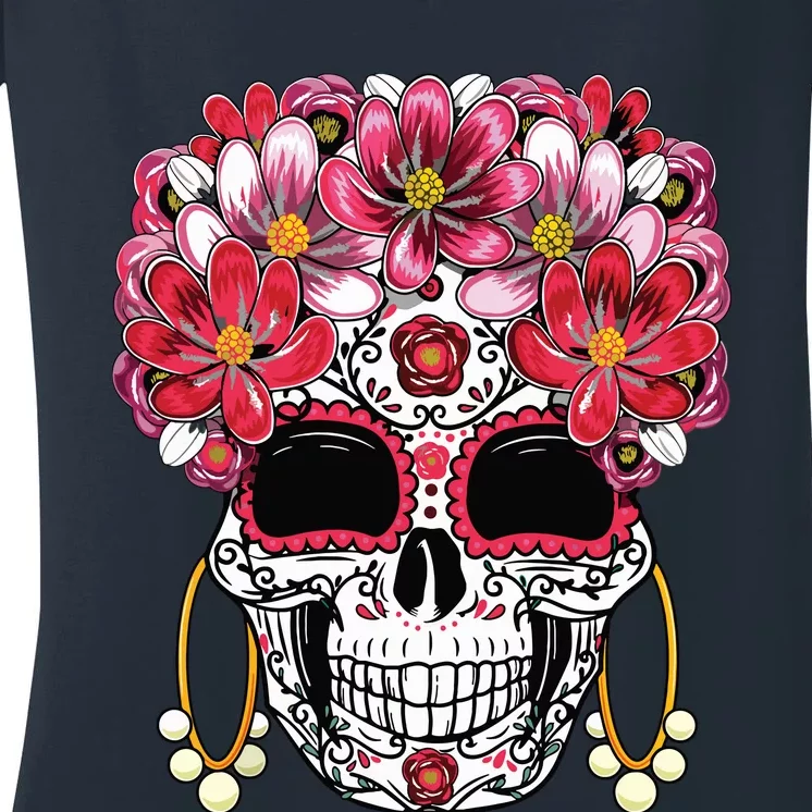 Floral Sugar Skull Day Of The Dead Dia De Muertos Gift Women's V-Neck T-Shirt