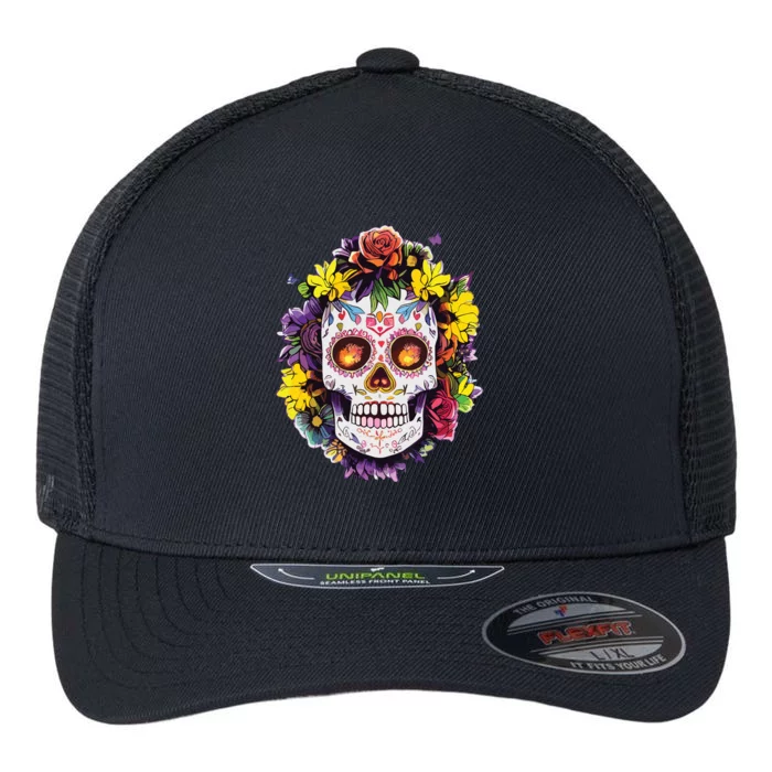 Floral Sugar Skull Day Of The Dead Dia De Muertos Flexfit Unipanel Trucker Cap