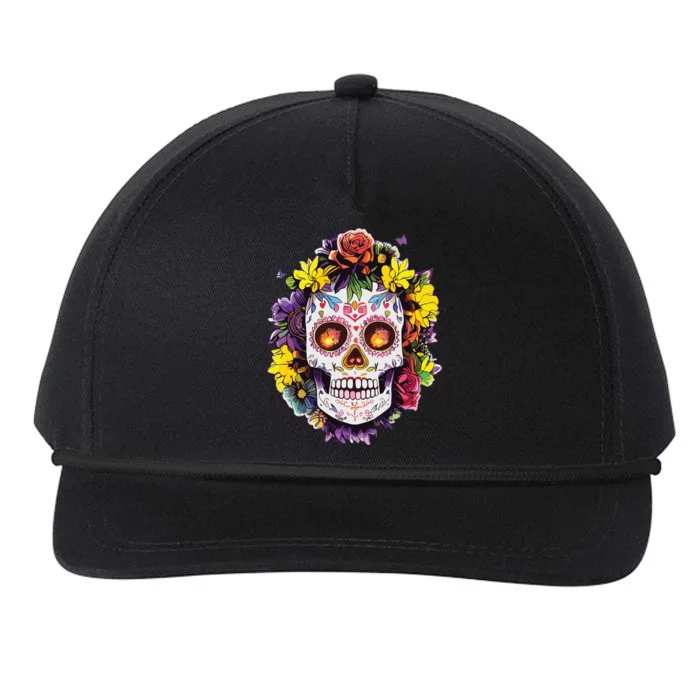 Floral Sugar Skull Day Of The Dead Dia De Muertos Snapback Five-Panel Rope Hat