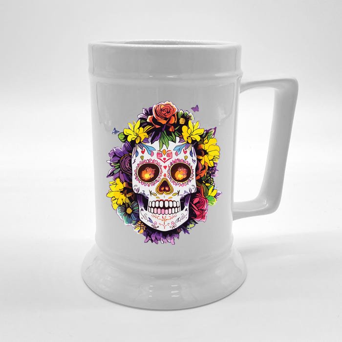 Floral Sugar Skull Day Of The Dead Dia De Muertos Front & Back Beer Stein