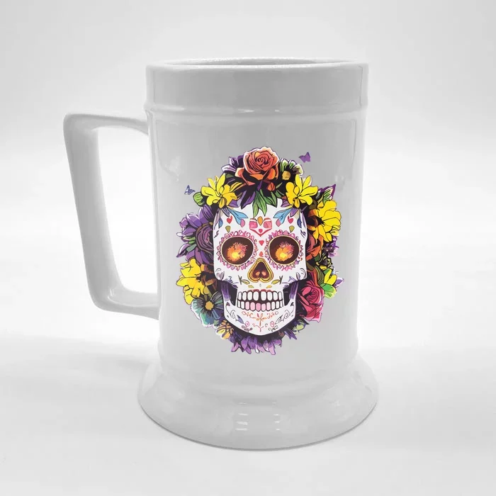 Floral Sugar Skull Day Of The Dead Dia De Muertos Front & Back Beer Stein