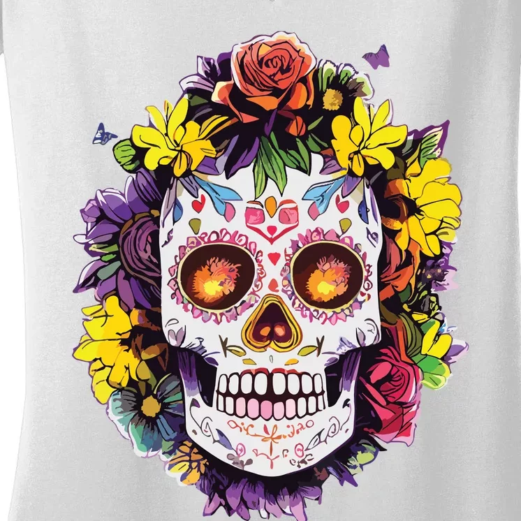 Floral Sugar Skull Day Of The Dead Dia De Muertos Women's V-Neck T-Shirt