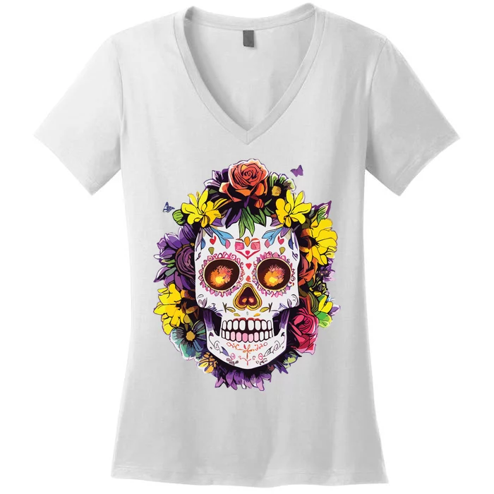 Floral Sugar Skull Day Of The Dead Dia De Muertos Women's V-Neck T-Shirt