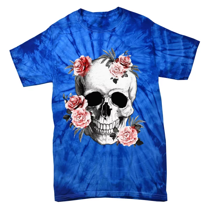 Floral Sugar Skull Rose Flowers Mycologist Gothic Goth Tie-Dye T-Shirt