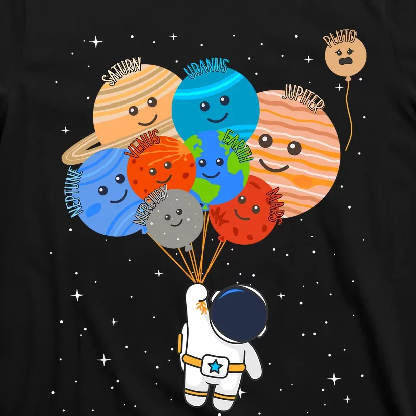 Funny Solar System Astronaut Holding Planet Balloons Pluto T-Shirt