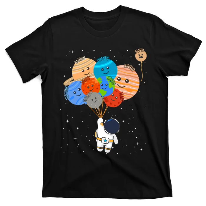 Funny Solar System Astronaut Holding Planet Balloons Pluto T-Shirt