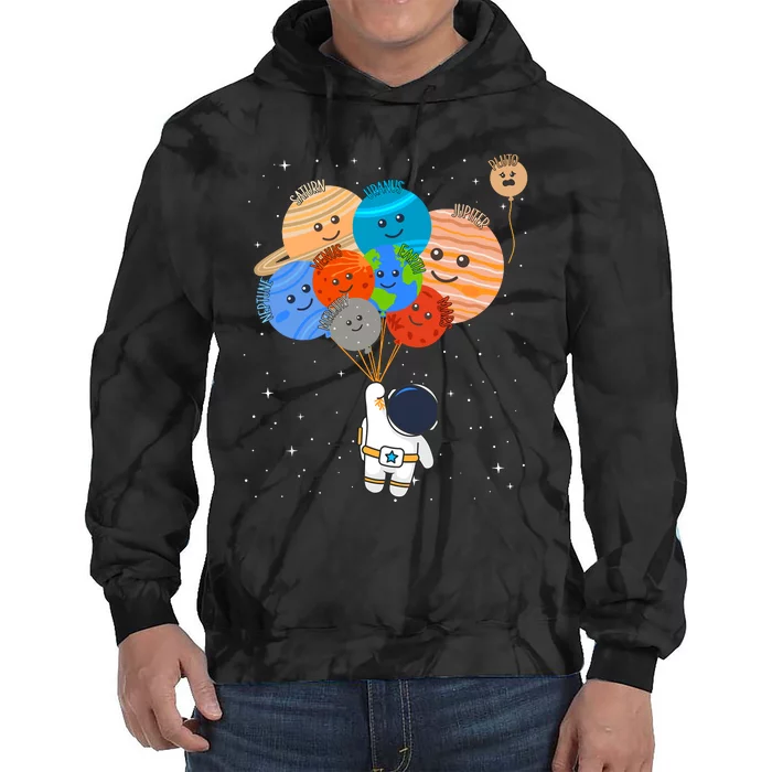 Funny Solar System Astronaut Holding Planet Balloons Pluto Tie Dye Hoodie