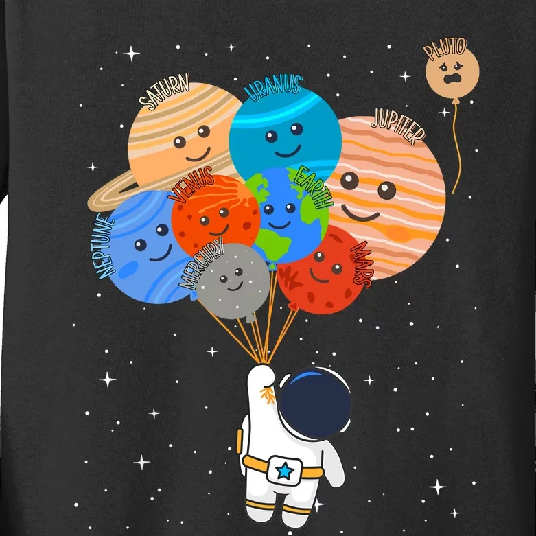 Funny Solar System Astronaut Holding Planet Balloons Pluto Kids Long Sleeve Shirt