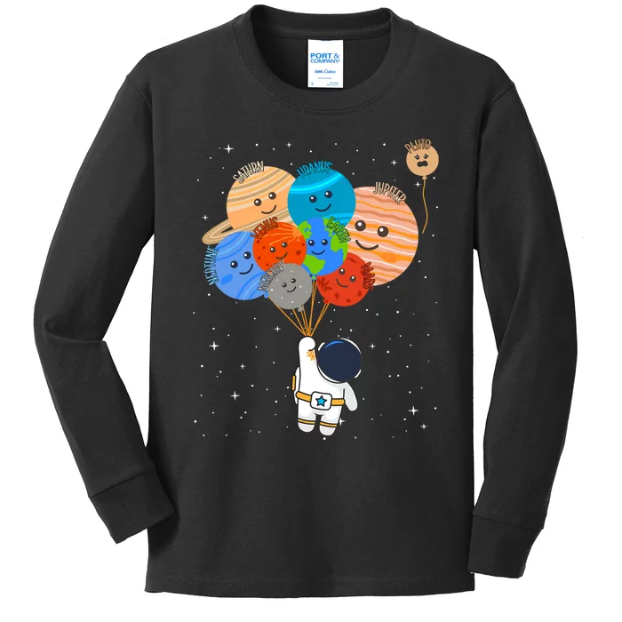 Funny Solar System Astronaut Holding Planet Balloons Pluto Kids Long Sleeve Shirt