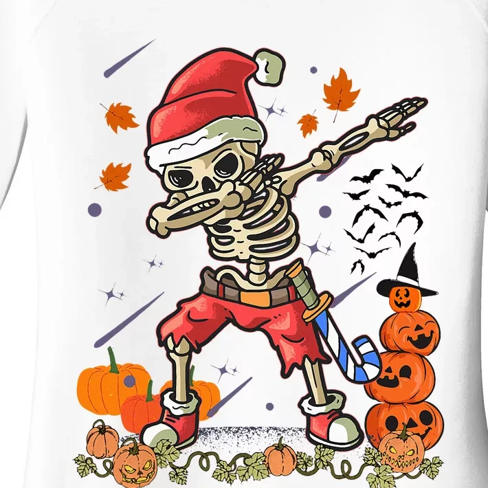 Festive Santa Skeleton Dabbing Costume for Halloween and Christmas Women's Perfect Tri Tunic Long Sleeve Shirt