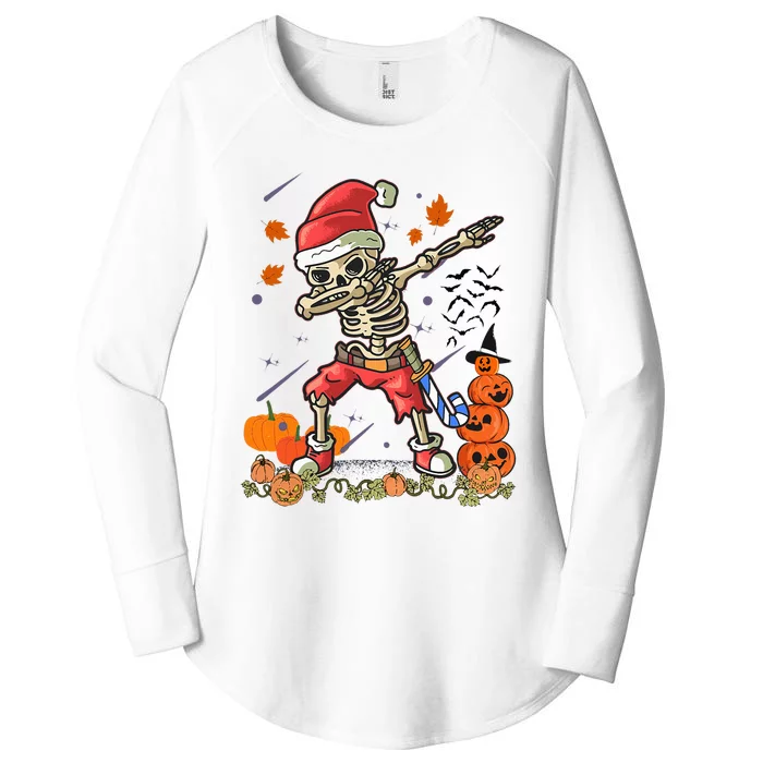 Festive Santa Skeleton Dabbing Costume for Halloween and Christmas Women's Perfect Tri Tunic Long Sleeve Shirt