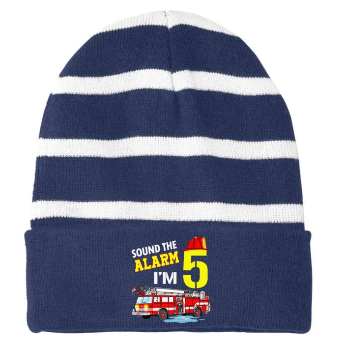 Funny Sound The Alarm I'm 5 Little Firefighter 5th Birthday Striped Beanie with Solid Band