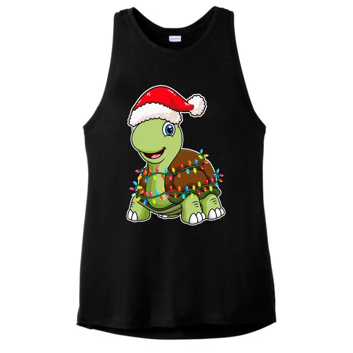 Festive Sea Turtle with Christmas Lights Hat Ladies Tri-Blend Wicking Tank