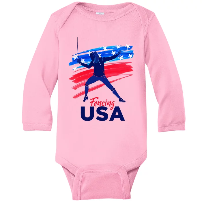 Fencing Support The Team Fencing Player Usa Flag Baby Long Sleeve Bodysuit