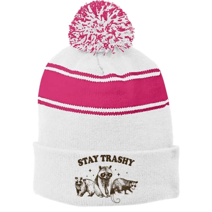 Funny Stay Trashy Raccoons Opossums Squad Team Trash Stripe Pom Pom Beanie