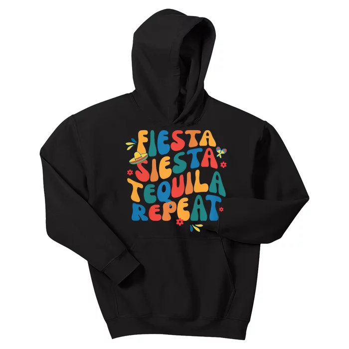 Fiesta Siesta Tequila Repeat Groovy Mexico Bachelorette Retro Kids Hoodie