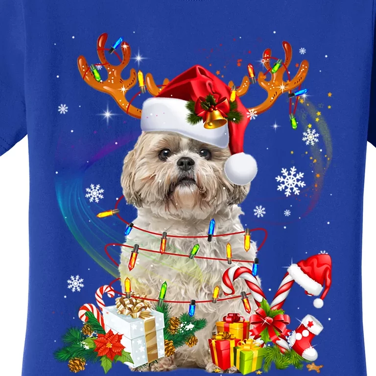 Funny Shih Tzu Christmas Reindeer Christmas Lights Pajama Gift Women's T-Shirt