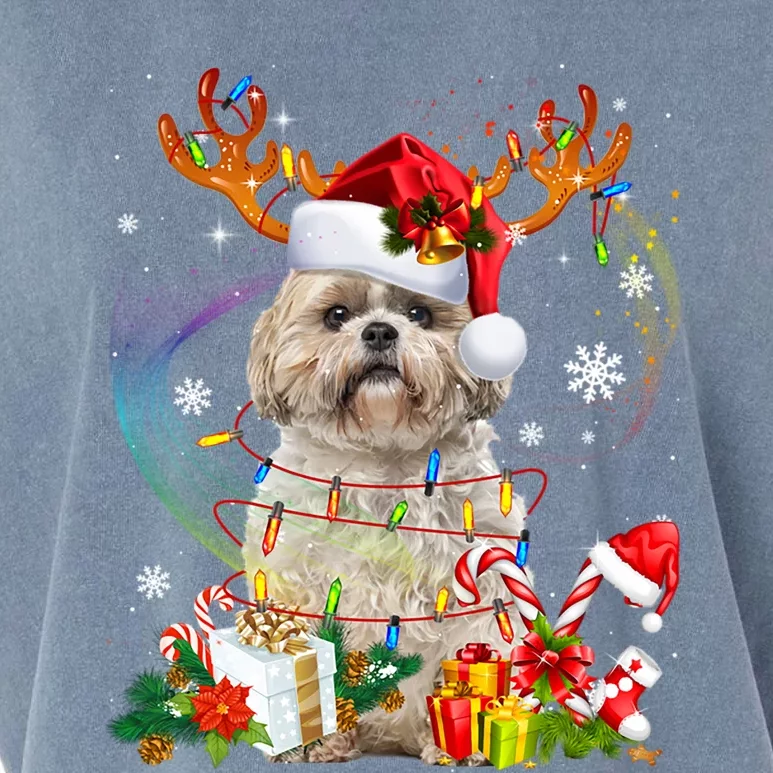 Funny Shih Tzu Christmas Reindeer Christmas Lights Pajama Gift Garment-Dyed Women's Muscle Tee