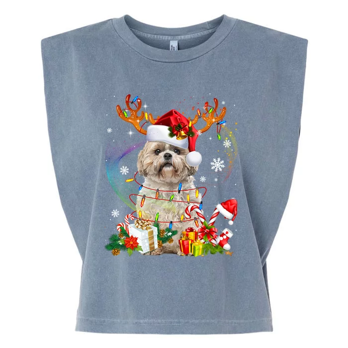 Funny Shih Tzu Christmas Reindeer Christmas Lights Pajama Gift Garment-Dyed Women's Muscle Tee