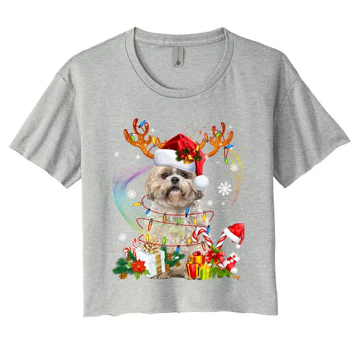 Funny Shih Tzu Christmas Reindeer Christmas Lights Pajama Gift Women's Crop Top Tee