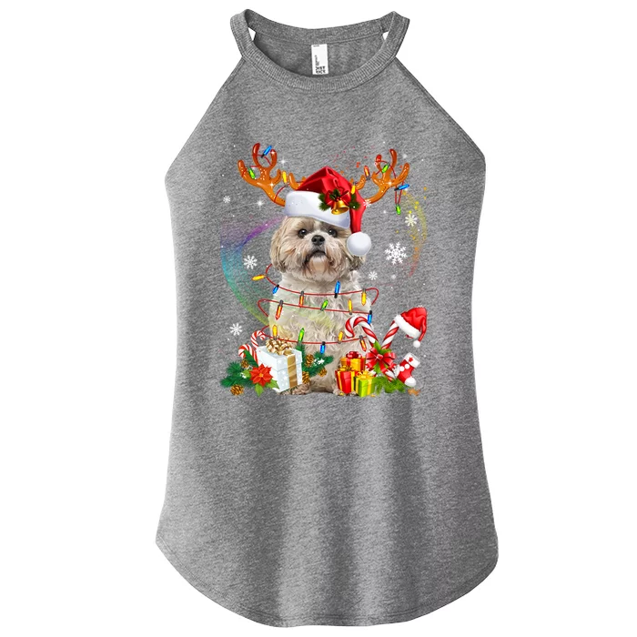 Funny Shih Tzu Christmas Reindeer Christmas Lights Pajama Gift Women’s Perfect Tri Rocker Tank