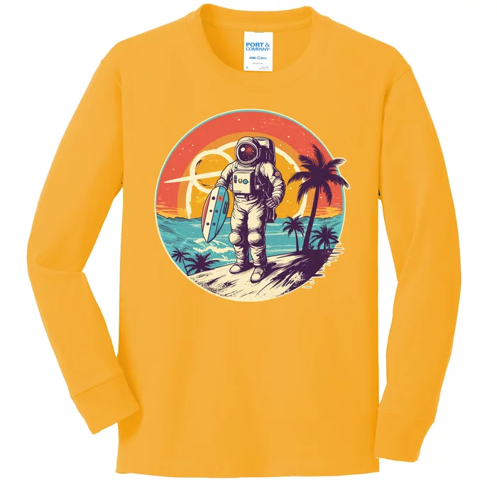 Funny Summer Time Surfing Astronaut Kids Long Sleeve Shirt