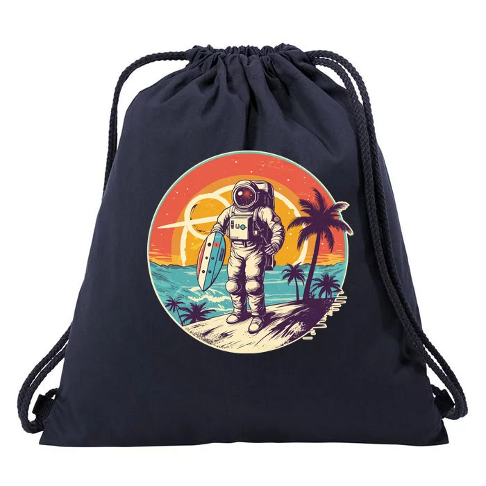 Funny Summer Time Surfing Astronaut Drawstring Bag