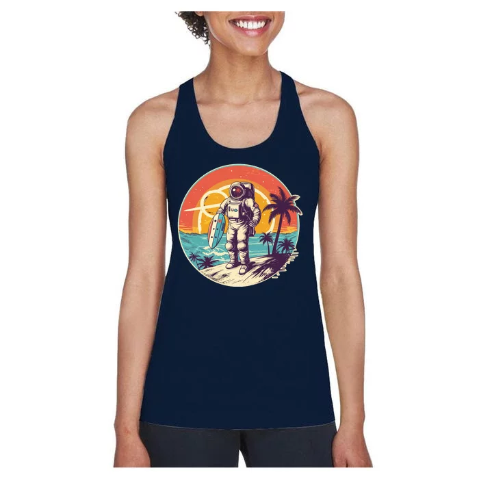 Funny Summer Time Surfing Astronaut Women's Racerback Tank