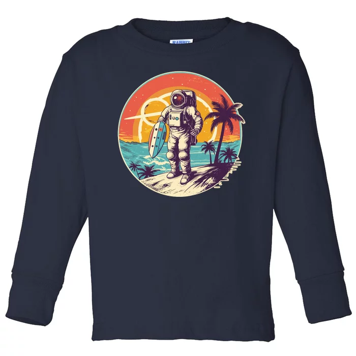 Funny Summer Time Surfing Astronaut Toddler Long Sleeve Shirt