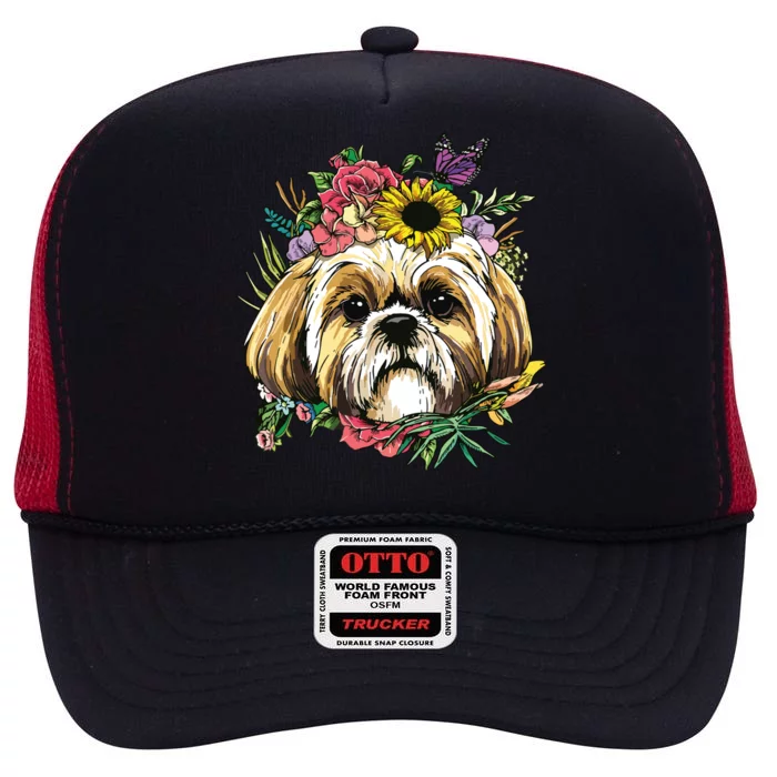 Floral Shih Tzu Dog Spring Nature Shih Tzu Lovers High Crown Mesh Trucker Hat