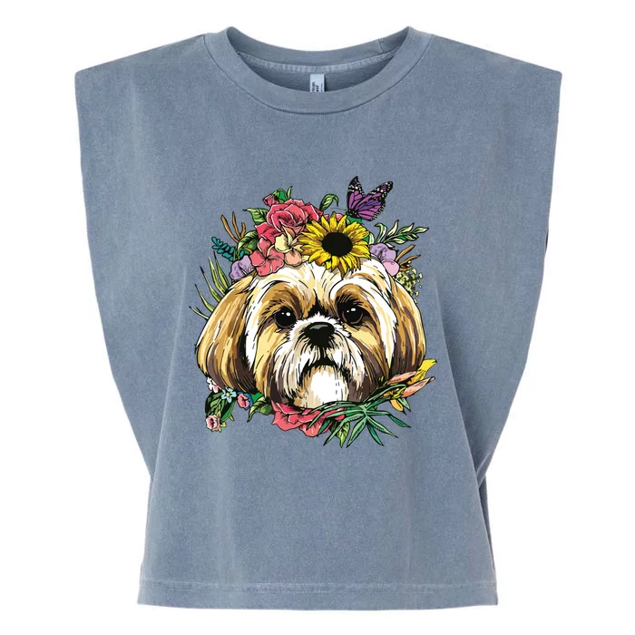 Floral Shih Tzu Dog Spring Nature Shih Tzu Lovers Garment-Dyed Women's Muscle Tee