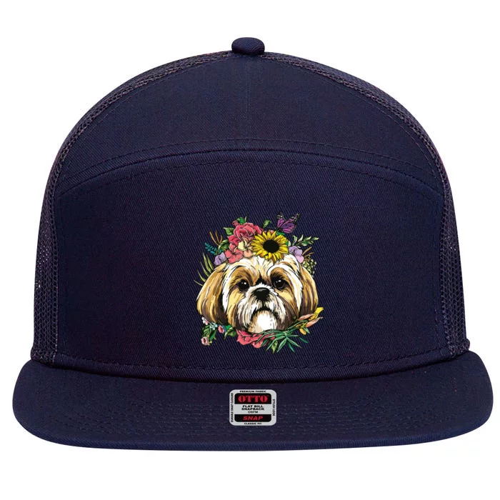 Floral Shih Tzu Dog Spring Nature Shih Tzu Lovers 7 Panel Mesh Trucker Snapback Hat