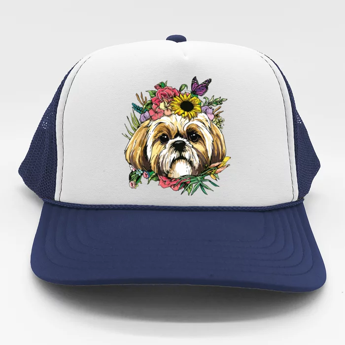 Floral Shih Tzu Dog Spring Nature Shih Tzu Lovers Trucker Hat