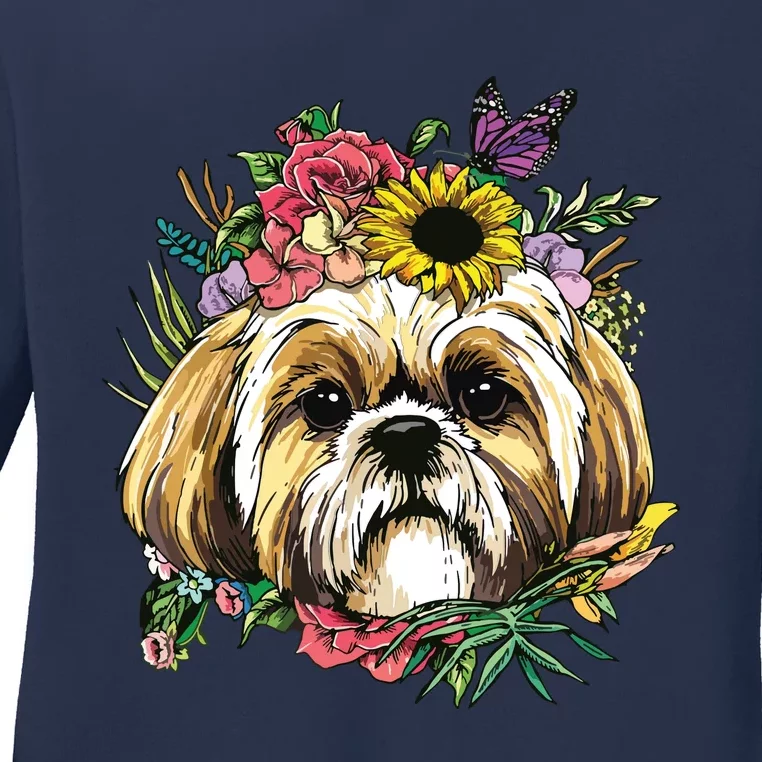 Floral Shih Tzu Dog Spring Nature Shih Tzu Lovers Ladies Long Sleeve Shirt