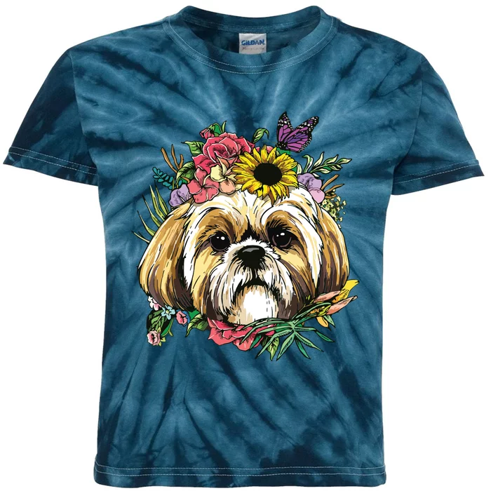 Floral Shih Tzu Dog Spring Nature Shih Tzu Lovers Kids Tie-Dye T-Shirt