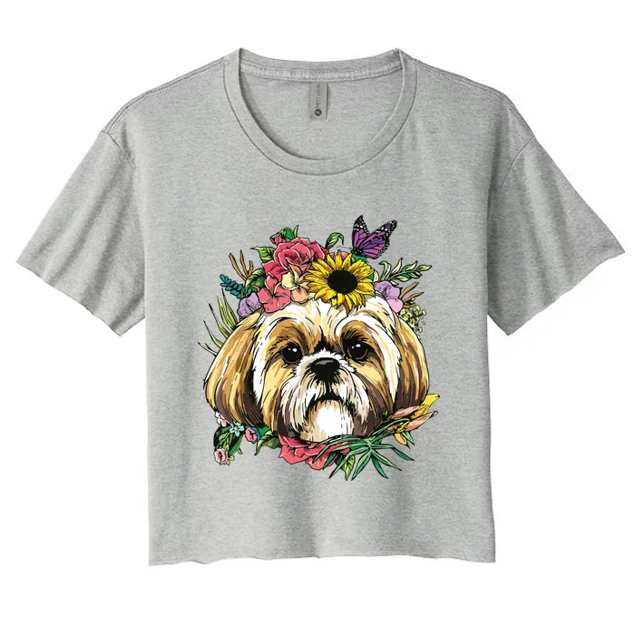 Floral Shih Tzu Dog Spring Nature Shih Tzu Lovers Women's Crop Top Tee