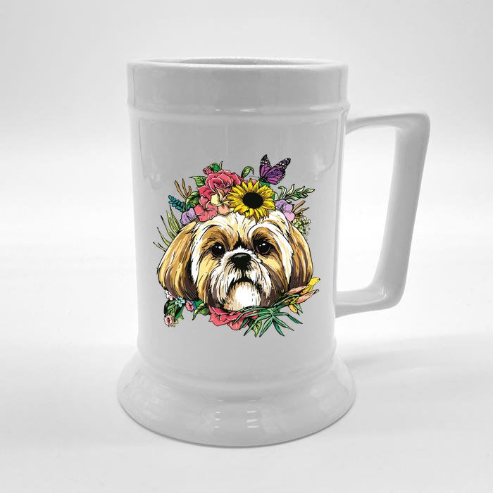 Floral Shih Tzu Dog Spring Nature Shih Tzu Lovers Front & Back Beer Stein