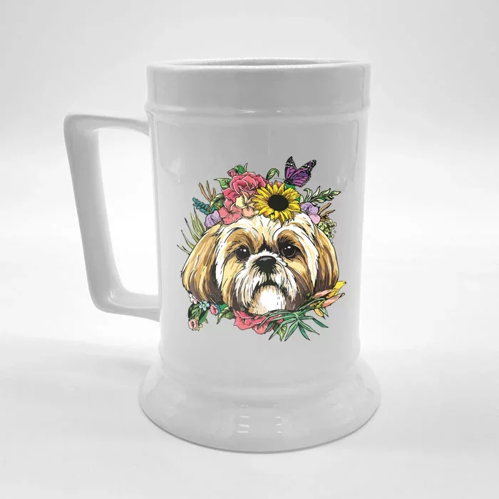 Floral Shih Tzu Dog Spring Nature Shih Tzu Lovers Front & Back Beer Stein