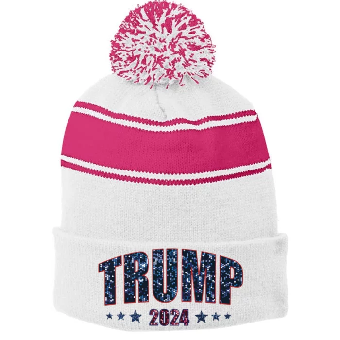 Faux Sequins Trump 2024 President Make America Trump Again Stripe Pom Pom Beanie