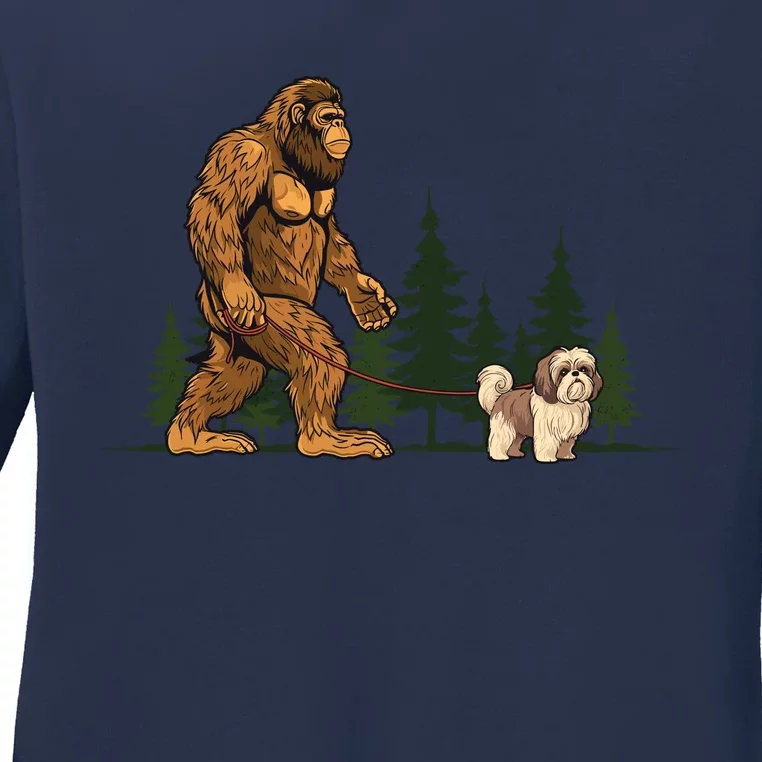 Funny Shih Tzu Bigfoot Dog Walking Dog Mom Dad Ladies Long Sleeve Shirt