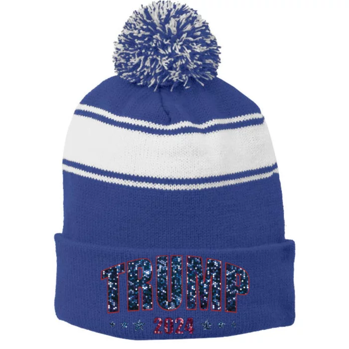 Faux Sequins Trump 2024 President Make America Trump Again Cool Gift Stripe Pom Pom Beanie