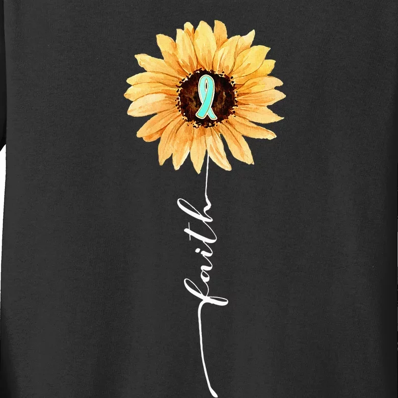 Faith Sunflower Teal Ribbon Cervical Cancer Awareness Kids Long Sleeve Shirt