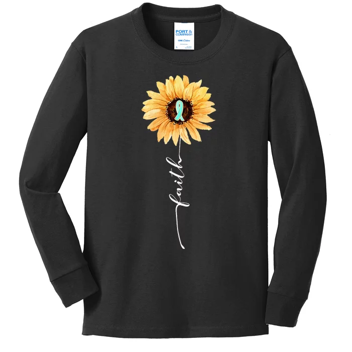 Faith Sunflower Teal Ribbon Cervical Cancer Awareness Kids Long Sleeve Shirt