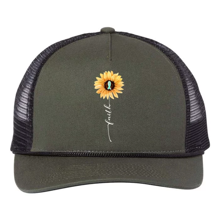 Faith Sunflower Teal Ribbon Cervical Cancer Awareness Retro Rope Trucker Hat Cap