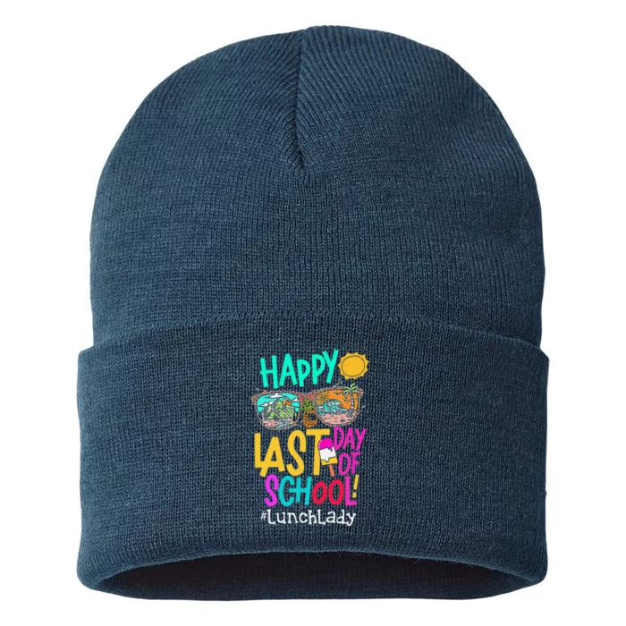 Funny Summer Teacher Happy Last Day Of School Lunch Lady Sustainable Knit Beanie