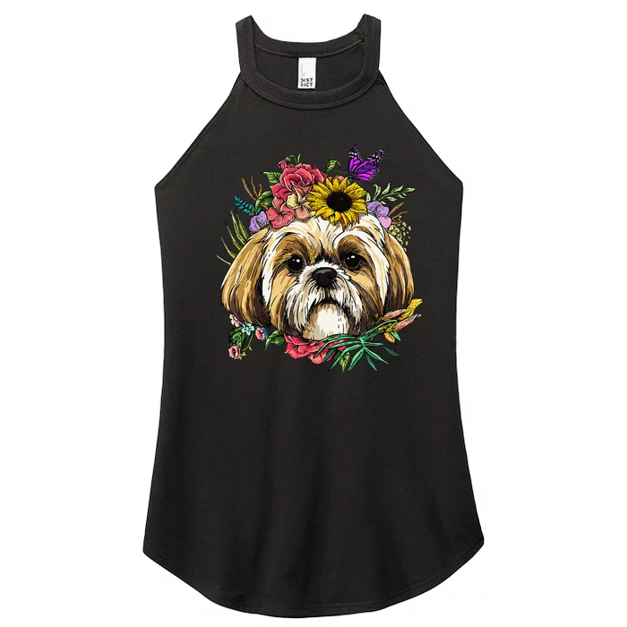 Floral Shih Tzu Dog Spring Nature Shih Tzu Lovers Women’s Perfect Tri Rocker Tank