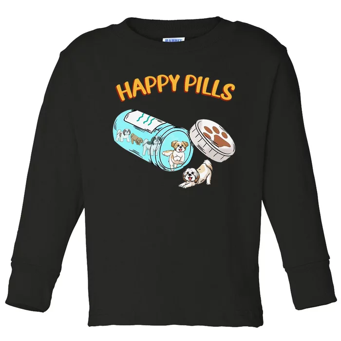 Funny Shih Tzu Happy Pills Dog Lover Toddler Long Sleeve Shirt