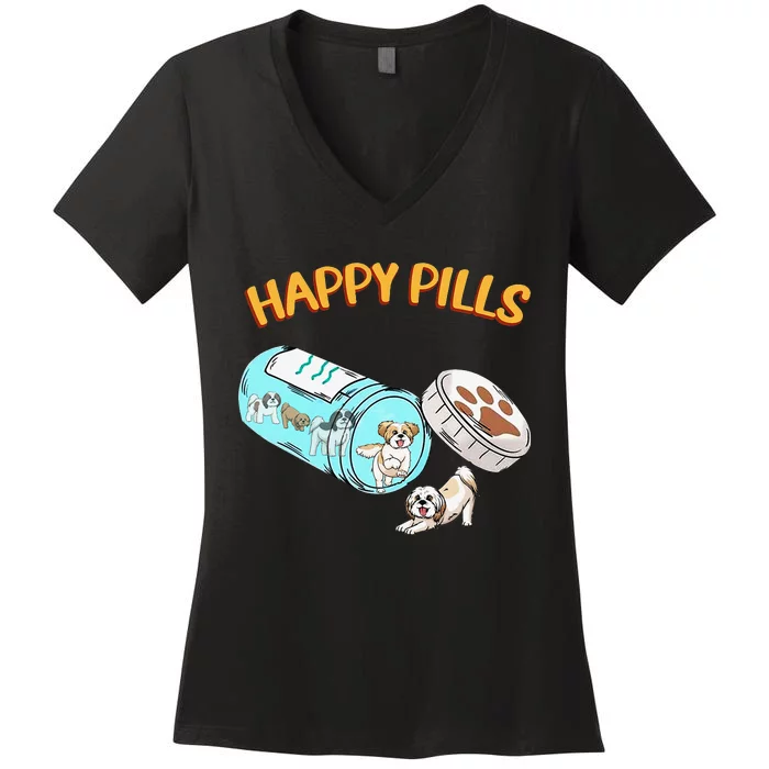 Funny Shih Tzu Happy Pills Dog Lover Women's V-Neck T-Shirt