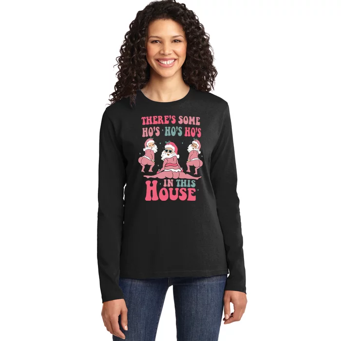 Funny Santa Ugly Christmas Sweater Theres Some Ho Ho Hos In This House Ladies Long Sleeve Shirt